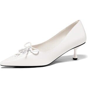 🆕Women White Faux Leather Kitten Heels Bow Strappy Closed Toe Pumps
